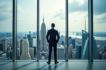 Fototapeta premium Businessman looking at new york city skyline from office window