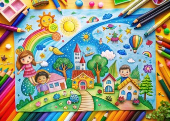 Colorful Illustration of Children's Drawings Featuring Imagination, Creativity, and Playful Designs