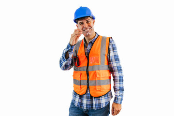 Construction worker in orange safety vest and blue helmet adjusting safety glasses white background