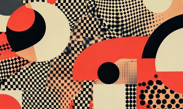 Brutalist geometric shapes, modern symbols. Groovy checkered pattern, distorted tiled grid. Simple elements, forms. Retro design, trendy contemporary minimalist style, y2k. Video