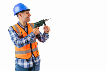 copyspace Construction worker actively drilling into the wall with safety gear on white background