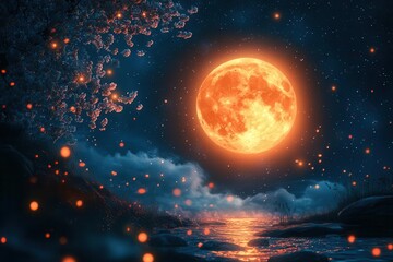 bright moon illuminating a serene night sky with cherry blossoms cascading gently in the wind creating a magical dreamlike atmosphere that captures the beauty of spring nights