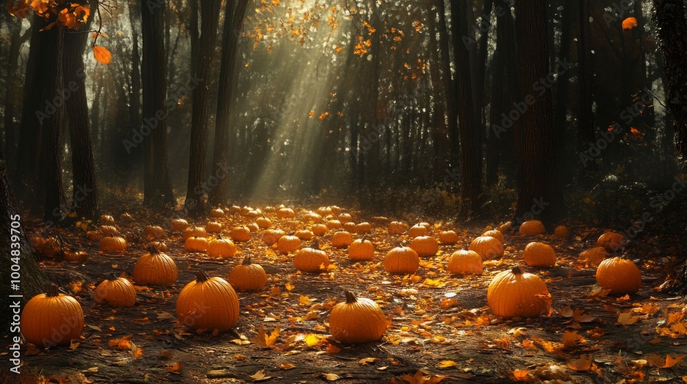 Poster a path through a dark forest is covered in fallen leaves, with a patch of sunlight shining through t