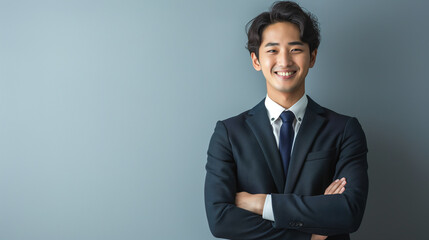 腕組みをしている日本人の若いビジネスマン