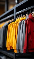 Fototapeta premium Colorful hoodies displayed in a modern retail store setting during the afternoon hours