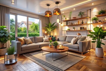 Fototapeta premium Cozy modern living room interior with stylish furniture, plants, and warm lighting for home buyers
