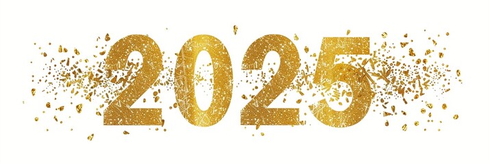 Glittering golden numbers 2025 with sparkling confetti particles scattered around, symbolizing celebration and anticipation for the upcoming New Year.