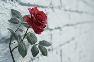 Close up shot of a Red Rose with white wall in background