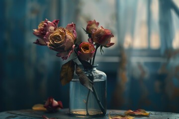 Dry roses in vase with water.