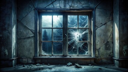 Dark and Eerie Grunge Window with Cracked Glass, Shadows, and Atmospheric Horror Elements