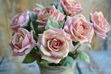 Obraz premium Pastel Coloured Artificial Pink Rose Wedding Bridal Bouquet in flower pot with soft vintage tone