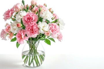 Naklejka premium Pink and white flowers in vase on white background.