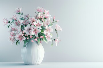 Obraz premium Pink and white flowers in vase on white background.