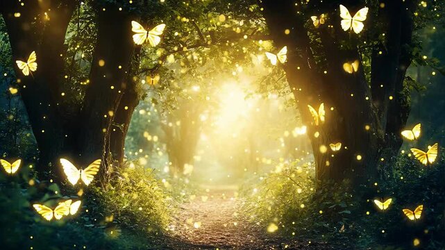 Glowing Forest Path with Flying Butterflies Seamless Loop Background