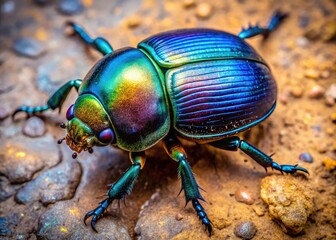 Detailed close-up of a vibrant dung beetle crawling on textured surface in nature's ecosystem