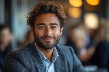 Obraz premium businessman engaged in a lively meeting listening intently with a smile in a modern office setting surrounded by colleagues illustrating a collaborative and positive work environment