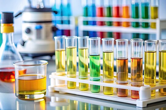 Detailed Urinalysis UBG Test Results with Color Indicators and Laboratory Equipment in Background