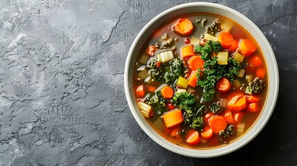 Fresh and healthy vegetable soup with kale carrots and celery in a simple bowl perfect for a nutritious lunch or dinner providing warmth and comfort for a plant-based meal option rich in flavor