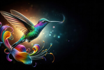 Fototapeta premium Beautiful colorful hummingbird bird on black background created with artificial intelligence, dispersion and splatter effect 