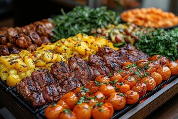 catering buffet presentation in a modern restaurant featuring a variety of grilled meats and colorful dishes evoking appetite and a sense of culinary delight in a vibrant setting