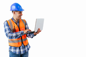 copyspace Engineer in reflective vest and hard hat analyzing project data on laptop white background