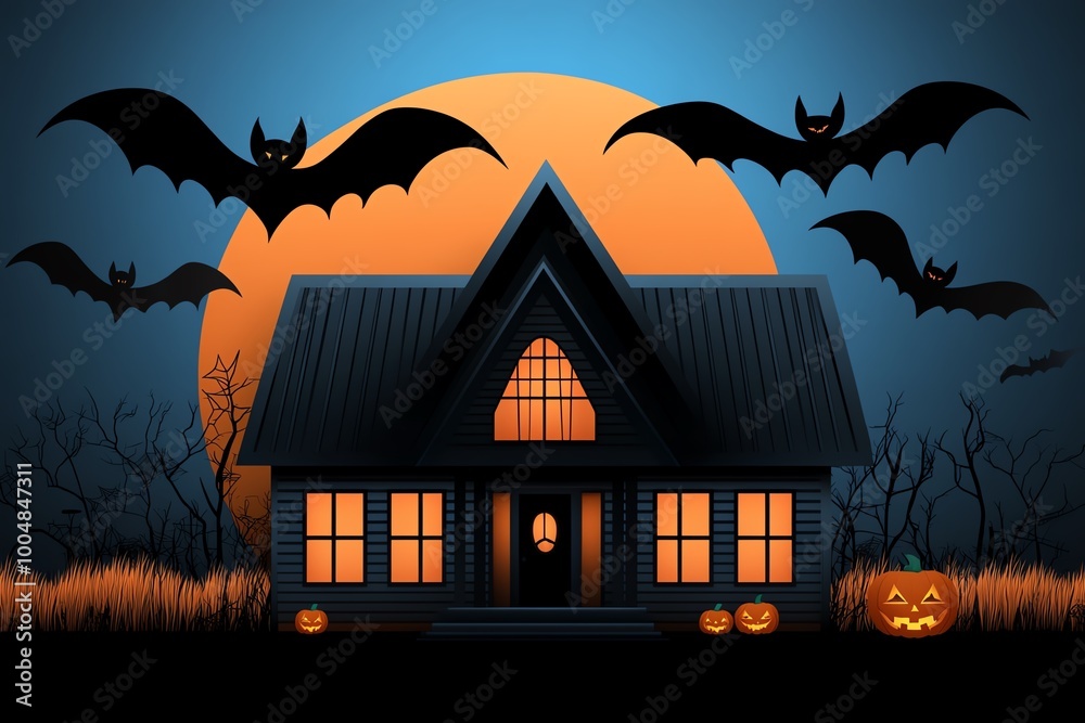 Poster geometric haunted mansion design with sharp, clean lines, set against a simple halloween background 