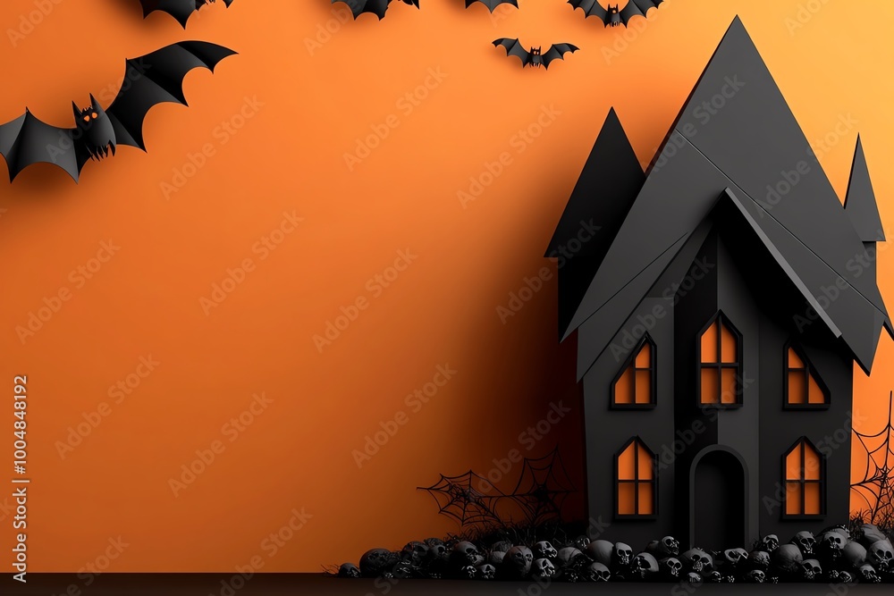 Poster Geometric haunted mansion design with sharp, clean lines, set against a simple Halloween background of bats and a full moon