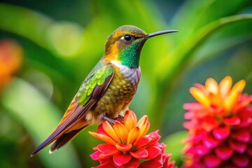Fototapeta premium Elegant Coquette Hummingbird Perched Gracefully on a Vibrant Flower in a Lush Tropical Setting