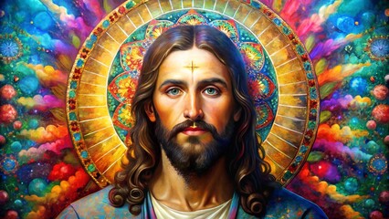Jesus Christ set against a colorful background, blending traditional religious imagery with modern artistic style