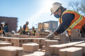 Construction workers laying bricks under the sun at a building site during the morning hours