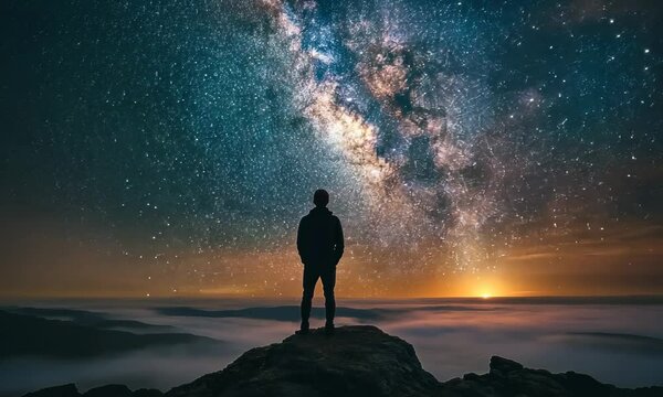 astronomy time long exposure landscape graphy. A man standing in a high place looking up in wonder to the Milky Way galaxy Video
