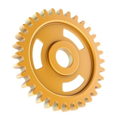 Golden cogwheel, copper gear. 3D rendering isolated on transparent background