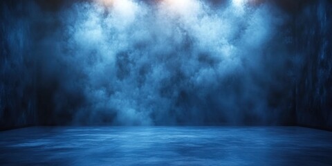 A dark empty street, dark blue background, an empty dark scene, neon light, spotlights The asphalt floor and studio room with smoke float up the interior texture. night view 