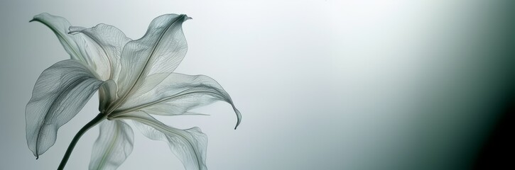 translucent lily flower in gray tones. a place for text with a gradient color in the corner