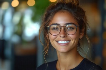 cheerful professional business woman laughs joyfully glasses framing her bright smile looking off into the distance conveying optimism and success in her work environment