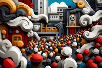 Obraz premium Geometric urban crowd illustration, with abstract shapes symbolizing a mass of people in a modern city setting