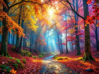 Enchanted Autumn Forest with Moody Atmosphere, Colorful Leaves, and Mystical Light Reflections