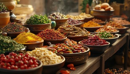 A variety of ethnic cuisine on a large table, colorful spices, vibrant dishes, close-up, cultural diversity, digital art