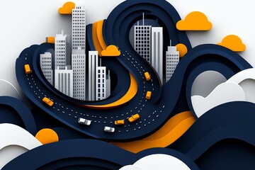 Geometric urban street icon, with abstract shapes representing traffic and buildings in a minimalist cityscape