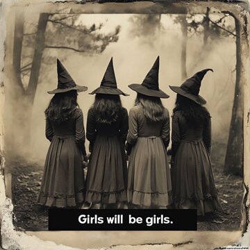 Girls will be girls, Witches, coven, sisterhood, Halloween, moon, spooky, forest, silhouette, vintage, retro, folklore, magic, occult, supernatural, enchantment, mystery, witchcraft, girl power, femin