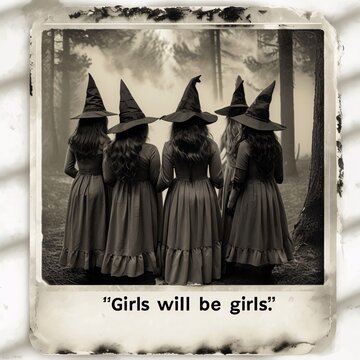 Girls will be girls, Witches, coven, sisterhood, Halloween, moon, spooky, forest, silhouette, vintage, retro, folklore, magic, occult, supernatural, enchantment, mystery, witchcraft, girl power, femin
