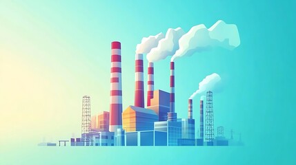 Obraz premium Industrial Complex with Smoky Chimneys Against a Turquoise Sky