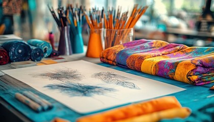 Obraz premium Fashion design studio with sketches and fabric samples, vibrant colors, artistic workspace, dynamic composition