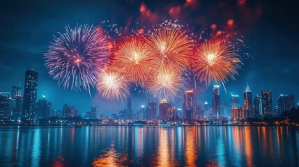 Obraz premium Fourth of July fireworks over a city skyline, vibrant colors, dynamic composition, patriotic atmosphere, realism