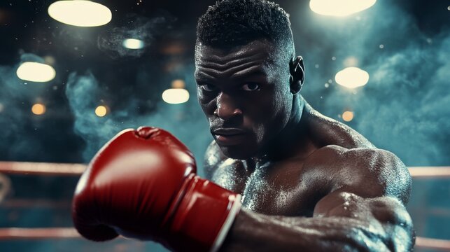 A muscular boxer in a red glove throws a punch in a boxing ring. - Powered by Adobe
