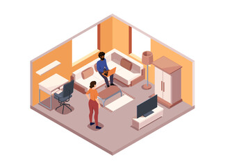 Living room isometric. Top view at apartment with man and woman inside. Building project and template. Interior design of apartment. 3D vector illustration isolated on white background