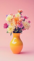 Colorful flowers in a yellow vase on a pink background, vibrant floral arrangement concept