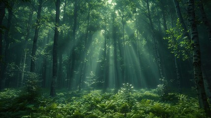 Obraz premium Forest covered with fog and sun rays passing through the leaves and trunks.