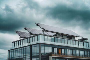 Obraz premium A modern home's rooftop solar panels against a cloudy sky.
