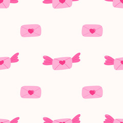 Cute pink love letters with wings seamless pattern. Perfect for Valentine's Day designs, wrapping paper, greeting cards, and romantic themed products.